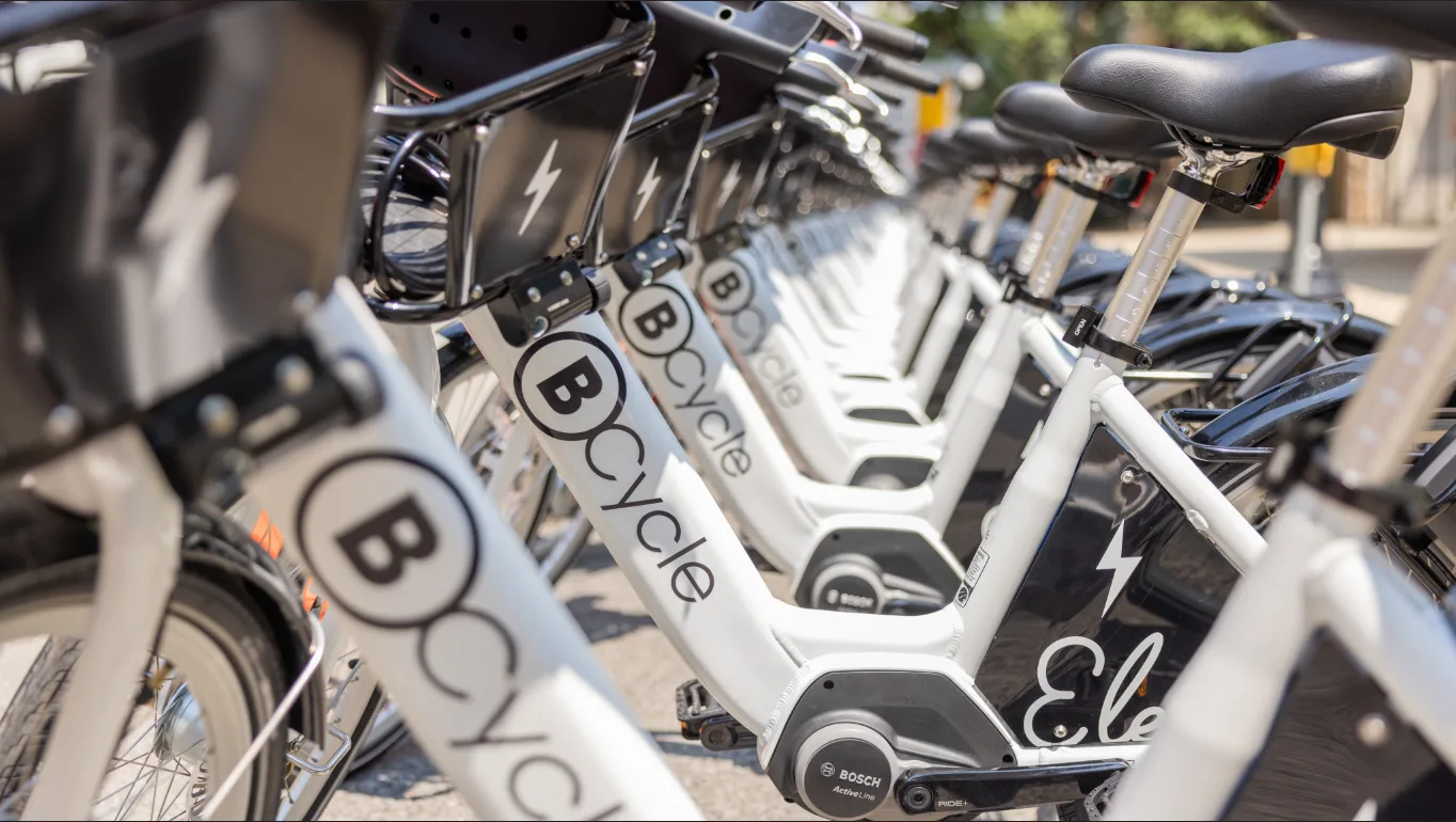 BCycle bike share bicycles lined up in a row.